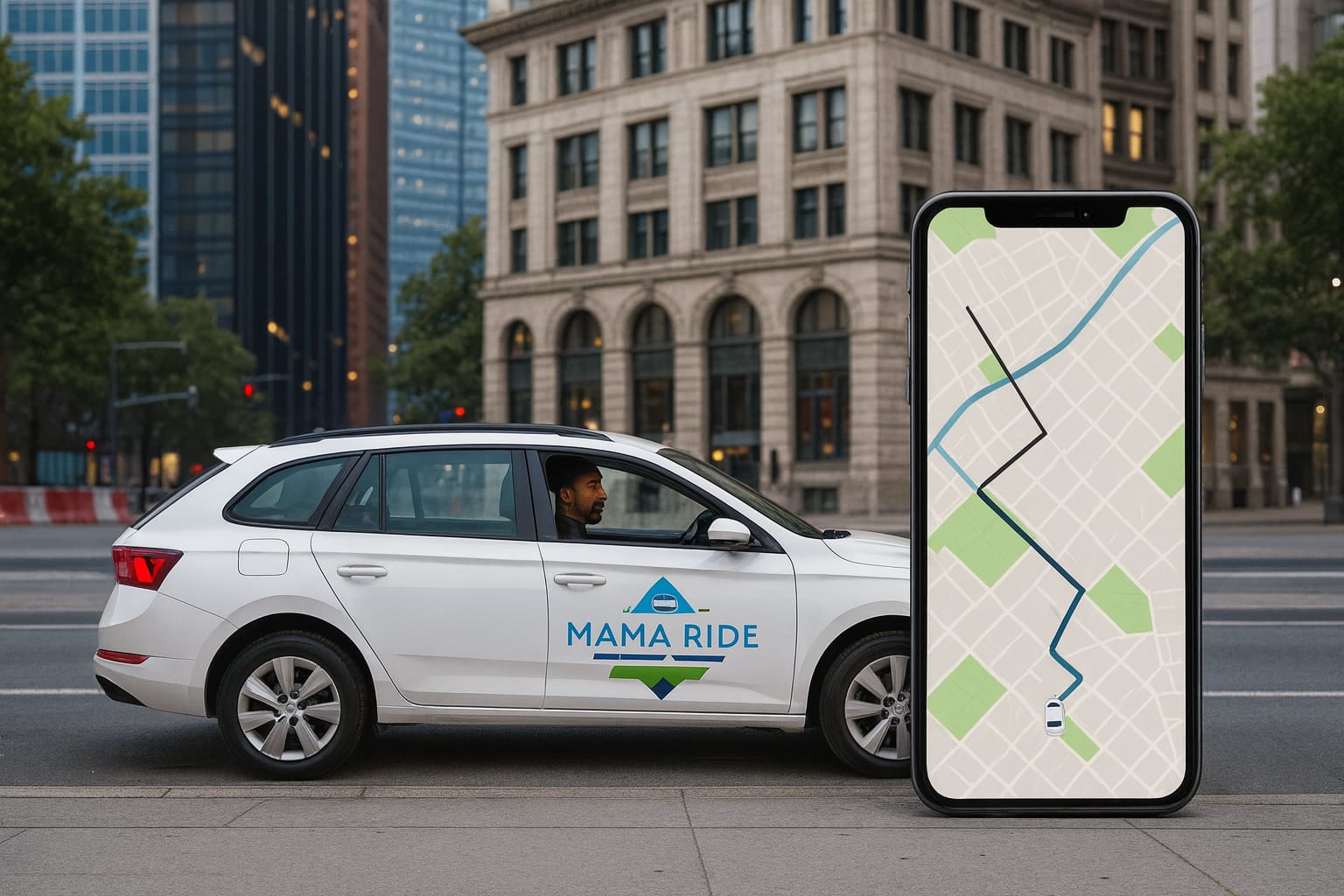 MamaRide car on a city street