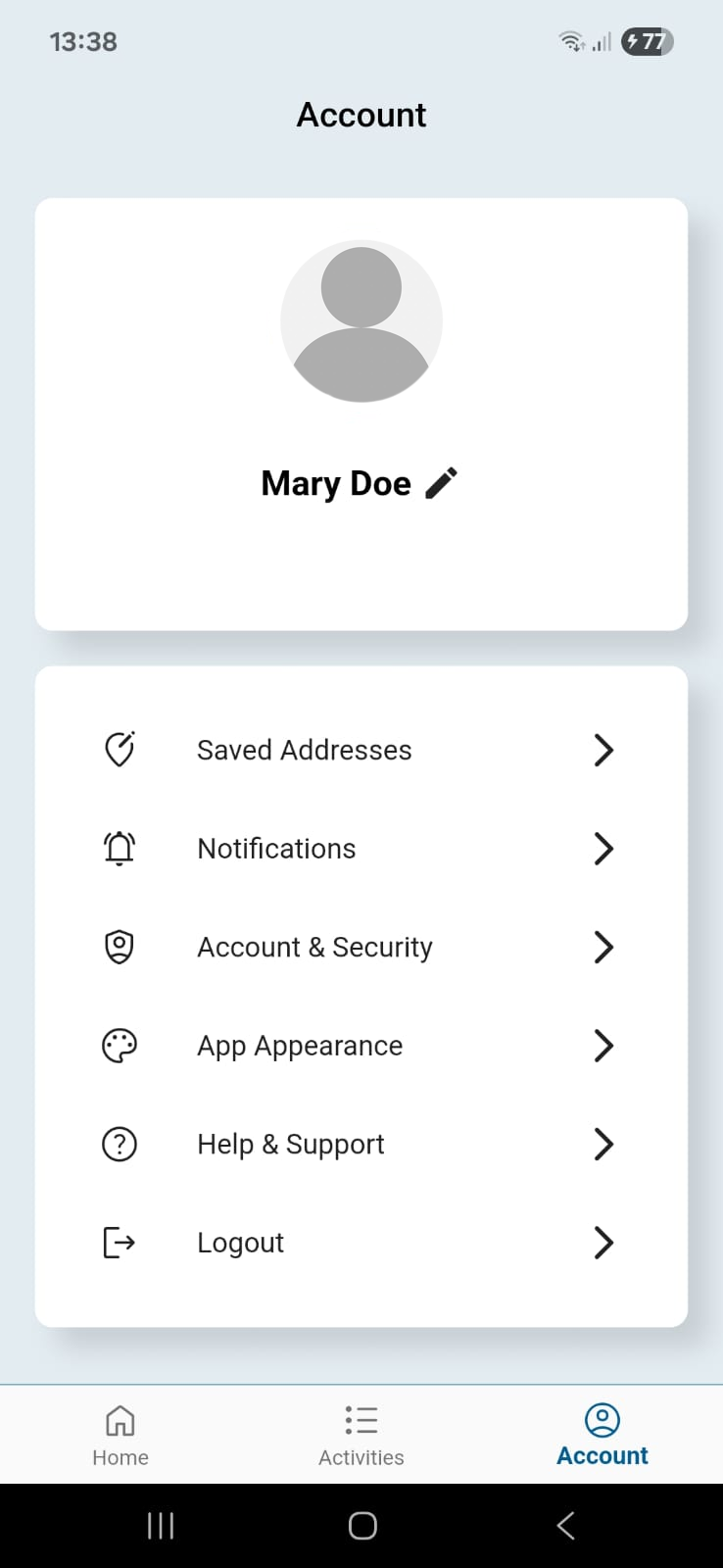 Account tab showing profile and settings list