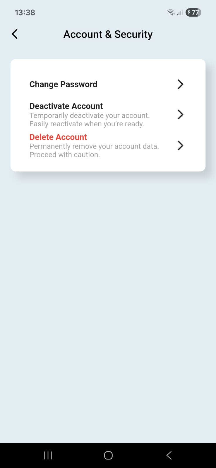 Account & Security screen with delete option